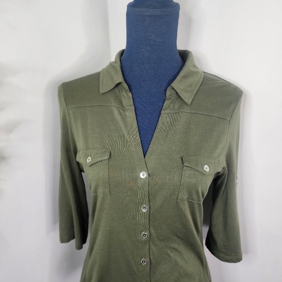 Guess Olive Green Knit Button Down Shirt - Picture 4 of 11